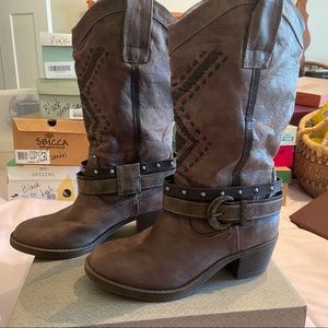 Cowgirl leather boots with buckle and embroidered design from Maurice’s